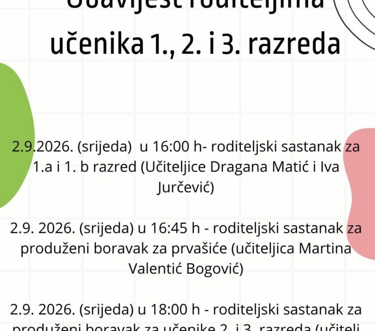 Obavijest roditeljima učenika 1., 2. i 3. razreda